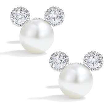 PANSTAR Pearl Earrings for Women Cute Stud Hypoallergenic Sterling Silver Ear posts Small Mini Mouse...