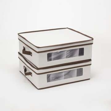 Household Essentials 538 Vision China Storage Box for Tea Cups and Mugs with Lid and Handles | Natural Canvas with Brown Trim