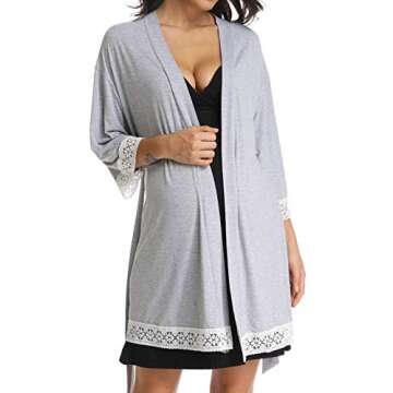 Ritera Women Nursing Robes Maternity Cotton Lightweight Pregnancy Lounge Robe Short Knit Kimono Bathrobe Soft Lady Sleepwear V-Neck Grey XXL