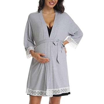 Ritera Women Nursing Robes Maternity Cotton Lightweight Pregnancy Lounge Robe Short Knit Kimono Bathrobe Soft Lady Sleepwear V-Neck Grey XXL
