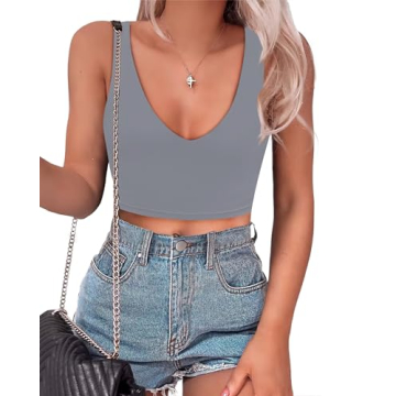 SAUNGKUAI Women’s Summer Slim Fitted Sexy Deep V Neck Sleeveless Backless Double Lined Crop Tank T...