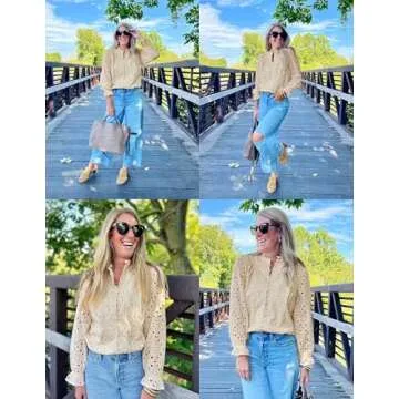 ZESICA Women's Casual Blouse Tops Puff Long Sleeve Button V Neck Hollow Out Eyelet Lace Embroidered ...