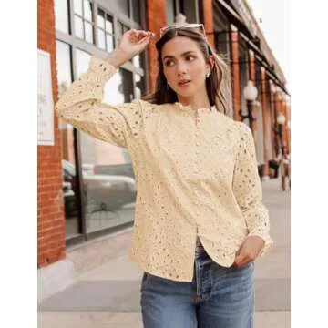ZESICA Women's Casual Blouse Tops Puff Long Sleeve Button V Neck Hollow Out Eyelet Lace Embroidered Shirt Dressy,Apricot,Medium