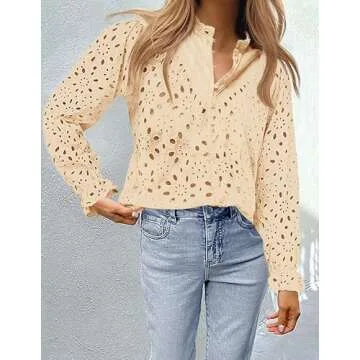 ZESICA Women's Casual Blouse Tops Puff Long Sleeve Button V Neck Hollow Out Eyelet Lace Embroidered Shirt Dressy,Apricot,Medium