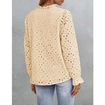 ZESICA Women's Casual Blouse Tops Puff Long Sleeve Button V Neck Hollow Out Eyelet Lace Embroidered Shirt Dressy,Apricot,Medium