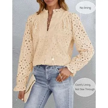 ZESICA Women's Casual Blouse Tops Puff Long Sleeve Button V Neck Hollow Out Eyelet Lace Embroidered Shirt Dressy,Apricot,Medium