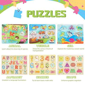 Toddler Puzzles and Rack Set, 7-Pack Wooden Peg Puzzle & Teaching Clock Bonus Holder, Come with All Wood Knob for Kids Ages 2 3 4 5 Year Girl Gift - Alphabet Number Shape Animal Vehicle Sea