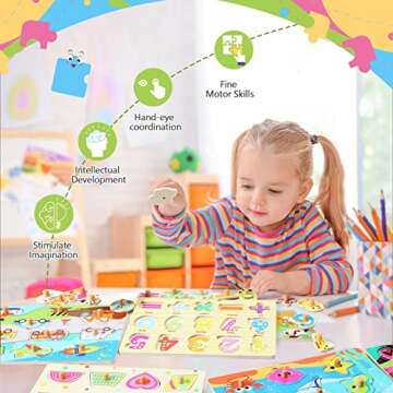 Toddler Puzzles and Rack Set, 7-Pack Wooden Peg Puzzle & Teaching Clock Bonus Holder, Come with All Wood Knob for Kids Ages 2 3 4 5 Year Girl Gift - Alphabet Number Shape Animal Vehicle Sea