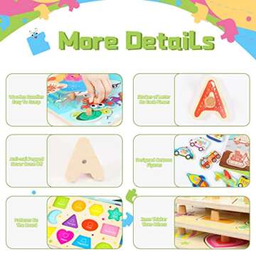 Toddler Puzzles and Rack Set, 7-Pack Wooden Peg Puzzle & Teaching Clock Bonus Holder, Come with All Wood Knob for Kids Ages 2 3 4 5 Year Girl Gift - Alphabet Number Shape Animal Vehicle Sea