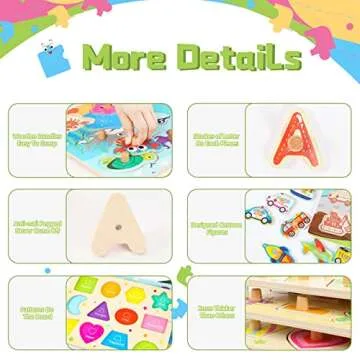 Toddler Puzzles and Rack Set, 7-Pack Wooden Peg Puzzle & Teaching Clock Bonus Holder, Come with All Wood Knob for Kids Ages 2 3 4 5 Year Girl Gift - Alphabet Number Shape Animal Vehicle Sea
