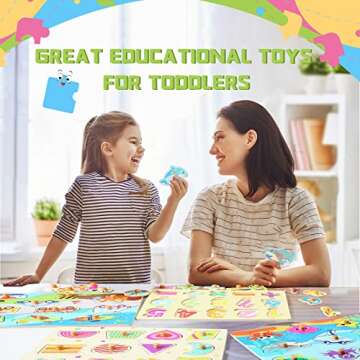 Toddler Puzzles and Rack Set, 7-Pack Wooden Peg Puzzle & Teaching Clock Bonus Holder, Come with All Wood Knob for Kids Ages 2 3 4 5 Year Girl Gift - Alphabet Number Shape Animal Vehicle Sea