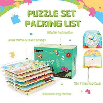 Toddler Puzzles and Rack Set, 7-Pack Wooden Peg Puzzle & Teaching Clock Bonus Holder, Come with All Wood Knob for Kids Ages 2 3 4 5 Year Girl Gift - Alphabet Number Shape Animal Vehicle Sea
