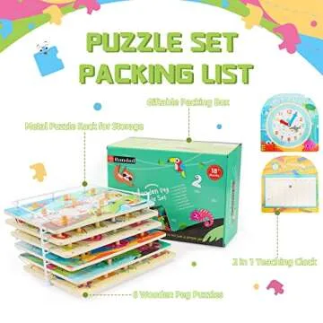 Toddler Puzzles and Rack Set, 7-Pack Wooden Peg Puzzle & Teaching Clock Bonus Holder, Come with All Wood Knob for Kids Ages 2 3 4 5 Year Girl Gift - Alphabet Number Shape Animal Vehicle Sea