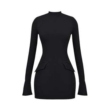 YMDUCH Women's Long Sleeve Mock Turtle Neck Bodycon Mini Tank Short Party Dress Black