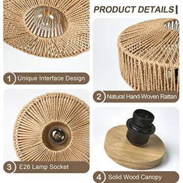 DESGNT Rattan Light Fixtures Ceiling,12.6" Boho Semi Flush Mount Ceiling Light, Hand-Woven Cage Natural Wicker Boho Light Fixture for Hallway,Entryway,Corridor,Balcony,Laundry Room.