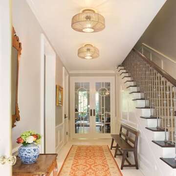 DESGNT Rattan Light Fixtures Ceiling,12.6" Boho Semi Flush Mount Ceiling Light, Hand-Woven Cage Natural Wicker Boho Light Fixture for Hallway,Entryway,Corridor,Balcony,Laundry Room.