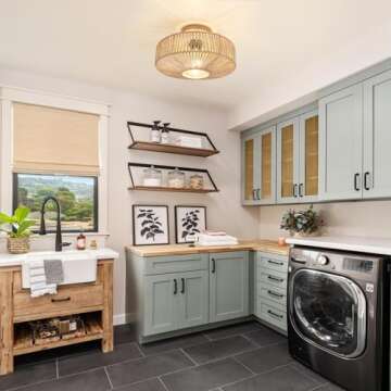 DESGNT Rattan Light Fixtures Ceiling,12.6" Boho Semi Flush Mount Ceiling Light, Hand-Woven Cage Natural Wicker Boho Light Fixture for Hallway,Entryway,Corridor,Balcony,Laundry Room.