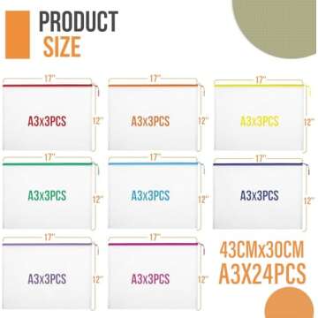 24pcs Mesh Zipper Pouch File Bags Puzzle Storage Bags, A3 17x12 Inches Large Reusable Zipper Pouches for Organizing Classroom Board Game Organization