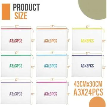 24pcs Mesh Zipper Pouch File Bags Puzzle Storage Bags, A3 17x12 Inches Large Reusable Zipper Pouches for Organizing Classroom Board Game Organization