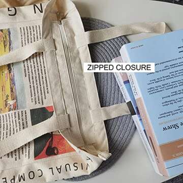 UERRUAM Canvas Tote Bag Aesthetic for Women Graphic Bag with Zipper Cute Canvas Bags with Pockets Ch...