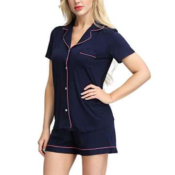 Women's Pajamas Short Set Loungewear Short Sleeve Sleepwear Button-Down PJS Set Navy L