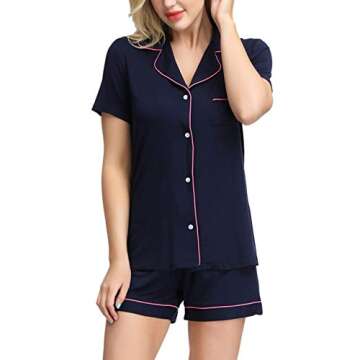 Women's Pajamas Short Set Loungewear Short Sleeve Sleepwear Button-Down PJS Set Navy L