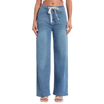 Allimy Womens Summer Drawstring High Waist Wide Leg Jeans Straight Leg Washed Denim Jeans Pants Long...