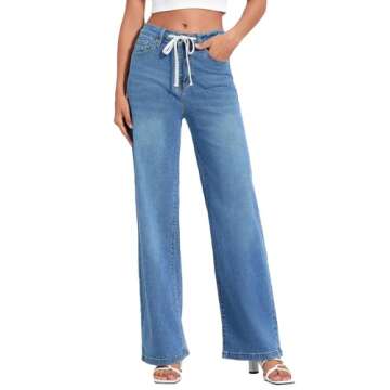 Allimy Womens Summer Drawstring High Waist Wide Leg Jeans Straight Leg Washed Denim Jeans Pants Long Trousers Pockets Retro Blue 10