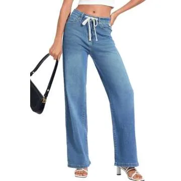 Allimy Women's Drawstring High Waist Wide Leg Jeans