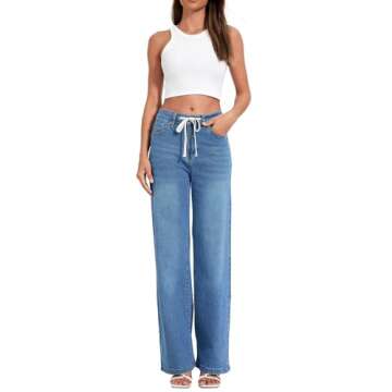Allimy Womens Summer Drawstring High Waist Wide Leg Jeans Straight Leg Washed Denim Jeans Pants Long Trousers Pockets Retro Blue 10