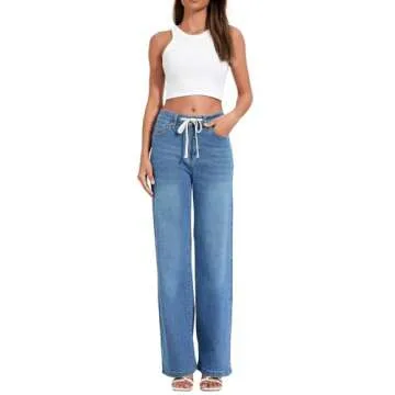 Allimy Women's Drawstring High Waist Wide Leg Jeans