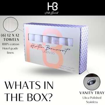 Hinton Beaumont Linen Co. Bathroom Hand Towel Set - Vanity Tray & (6) 12x12 Hotel wash Cloths - Powder Room Towels -Hand Drying Towels