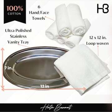 Hinton Beaumont Linen Co. Bathroom Hand Towel Set - Vanity Tray & (6) 12x12 Hotel wash Cloths - Powder Room Towels -Hand Drying Towels