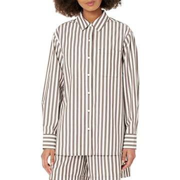 The Drop Women's Kendra Loose Fit Long Shirt, Coffee Bean Stripe, M