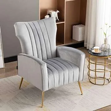 Artechworks Curved Tufted Accent Chair with Metal Gold Legs Velvet Upholstered Arm Club Leisure Modern Chair for Living Room Bedroom Patio, Grey