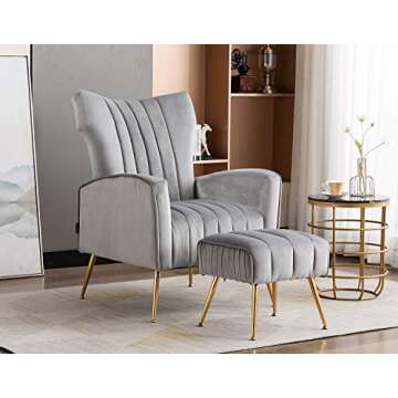 Artechworks Curved Tufted Accent Chair with Metal Gold Legs Velvet Upholstered Arm Club Leisure Modern Chair for Living Room Bedroom Patio, Grey