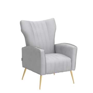 Artechworks Curved Tufted Accent Chair with Metal Gold Legs Velvet Upholstered Arm Club Leisure Modern Chair for Living Room Bedroom Patio, Grey