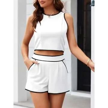 Fessceruna Women's 2 Piece Outfits Sleeveless Crop Zip Back Tank Top and High Waist Shorts Summer Contrast Workout Sets