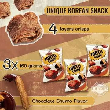K-Munchies Orion Turtle Chips - 3 Packs of 160-gram Choco Churro Flavor Korean Chips - Sweet, Crispy...