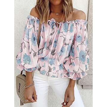 BLENCOT Womens Off The Shoulder Blouse Tops 3/4 Ruffle Sleeve Summer Floral Print T Shirts Pink M