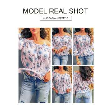 BLENCOT Womens Off The Shoulder Blouse Tops 3/4 Ruffle Sleeve Summer Floral Print T Shirts Pink M