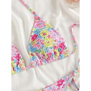 MakeMeChic Women's Halter Tie Side Triangle Bikini Set high Cut 2 Piece Bikini Swimsuit Bathing Suit Multicolor Floral S