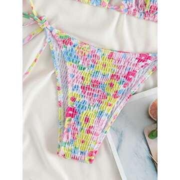 MakeMeChic Women's Halter Tie Side Triangle Bikini Set high Cut 2 Piece Bikini Swimsuit Bathing Suit Multicolor Floral S