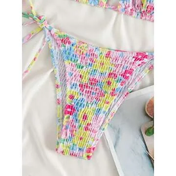 MakeMeChic Women's Halter Tie Side Triangle Bikini Set high Cut 2 Piece Bikini Swimsuit Bathing Suit Multicolor Floral S