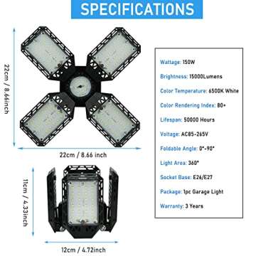 QiyuanLS LED Garage Light,150W Deformable Garage Ceiling Lights,15000LM, 4 Adjustable Panels, E26/E2...