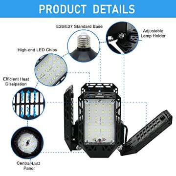 QiyuanLS LED Garage Light,150W Deformable Garage Ceiling Lights,15000LM, 4 Adjustable Panels, E26/E27 Shop Lights for Basement, Barn, Workshop,High Bay Light