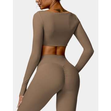 YEOREO Kyla Women Crop Top Long Sleeve Padded Sports Low Medium Impact Yoga Shirt Workout Brown