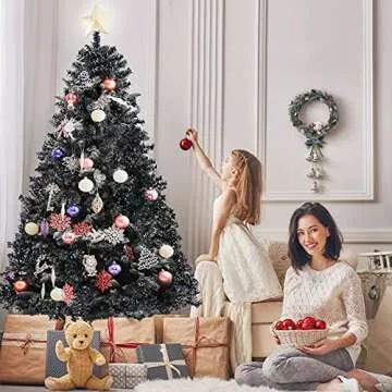 KINSOHOME 7.5FT Black Christmas Tree, Artificial Christmas Tree, 1750 PVC Branch Tips, Premium Hinged Spruce Xmas Pine Tree with Sturdy Metal Stand for Home, Office, Party Holiday Decoration