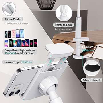 UVERTOOP Gooseneck Cell Phone Holder for Bed Phone Stand with Flexible Long Arm Clip Lazy Bracket Desk Clamp Mount Stand Compatible with iPhone 12 11 Pro XS Max XR SE 8 7 Galaxy and More (White)
