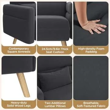 Yaheetech 46" Small Modern Fabric Sofa Loveseat Mid Century 2 Seater Sofa Couch with Lumbar Pillows, Solid Wood Legs for Living Room, Small Space, Dorm, Office, Bedroom, Dark Gray